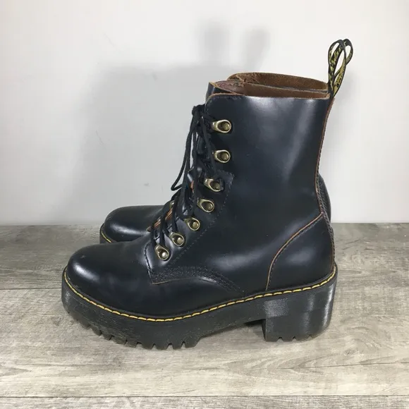 Dr Doc Docs Martens Leona Smooth Black Leather Heeled Womens Boots Sz UK 6 US 8