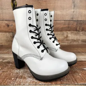 Dr Martens Darcie Women's Sz 7 White Leather Heeled Boots 8-eyed High Top Casual