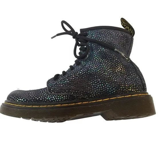 Dr. Martens Pascal Lace Up Boots Black Suede Outer Iridescent Foil Kids Girls 1