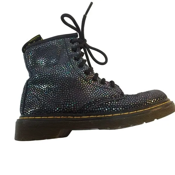 Dr. Martens Pascal Lace Up Boots Black Suede Outer Iridescent Foil Kids Girls 1