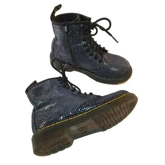 Dr. Martens Pascal Lace Up Boots Black Suede Outer Iridescent Foil Kids Girls 1