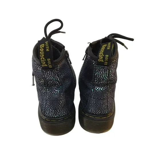Dr. Martens Pascal Lace Up Boots Black Suede Outer Iridescent Foil Kids Girls 1