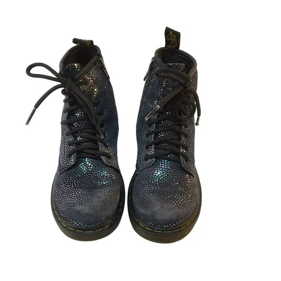 Dr. Martens Pascal Lace Up Boots Black Suede Outer Iridescent Foil Kids Girls 1