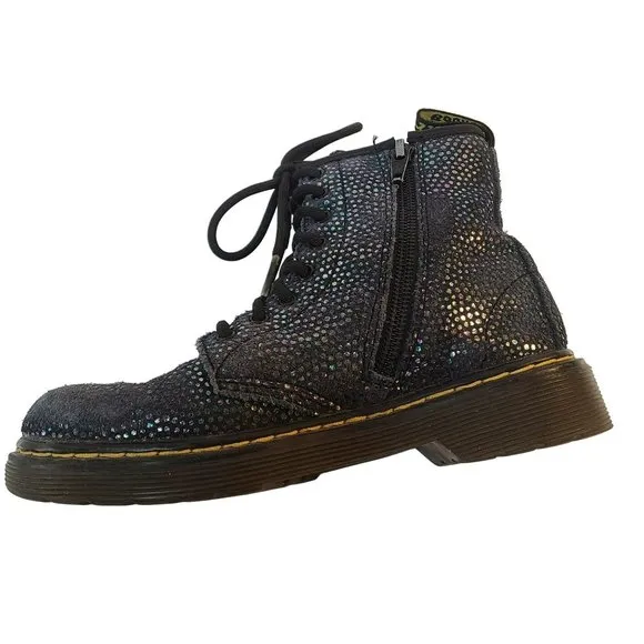 Dr. Martens Pascal Lace Up Boots Black Suede Outer Iridescent Foil Kids Girls 1