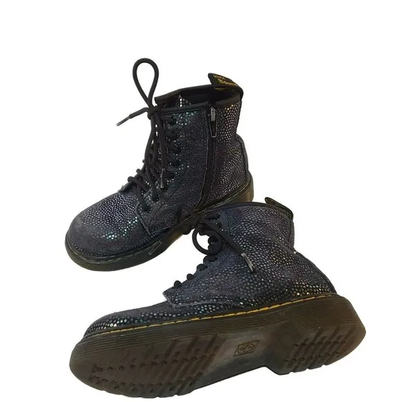 Dr. Martens Pascal Lace Up Boots Black Suede Outer Iridescent Foil Kids Girls 1