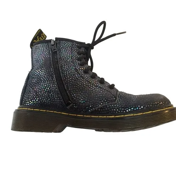 Dr. Martens Pascal Lace Up Boots Black Suede Outer Iridescent Foil Kids Girls 1