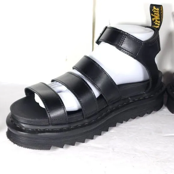 DR. MARTENS Women's Blaire US8 Black Leather Platform Strappy Sandals Shoes