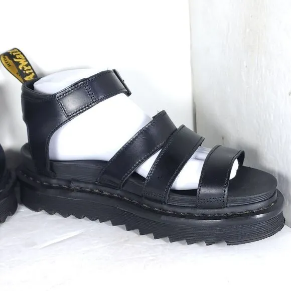 DR. MARTENS Women's Blaire US8 Black Leather Platform Strappy Sandals Shoes