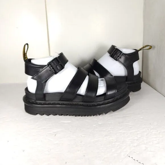 DR. MARTENS Women's Blaire US8 Black Leather Platform Strappy Sandals Shoes