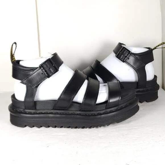 DR. MARTENS Women's Blaire US8 Black Leather Platform Strappy Sandals Shoes