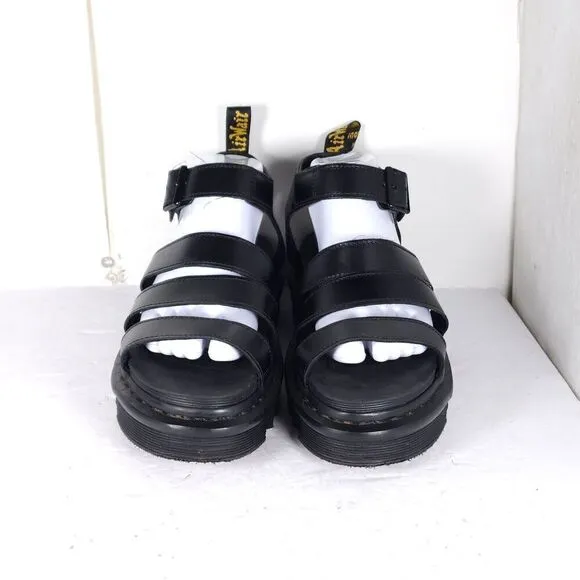 DR. MARTENS Women's Blaire US8 Black Leather Platform Strappy Sandals Shoes