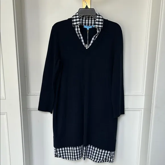 DRAPER JAMES Wool and Cotton Combo Sweaterdress in Navy Blue White Checkered