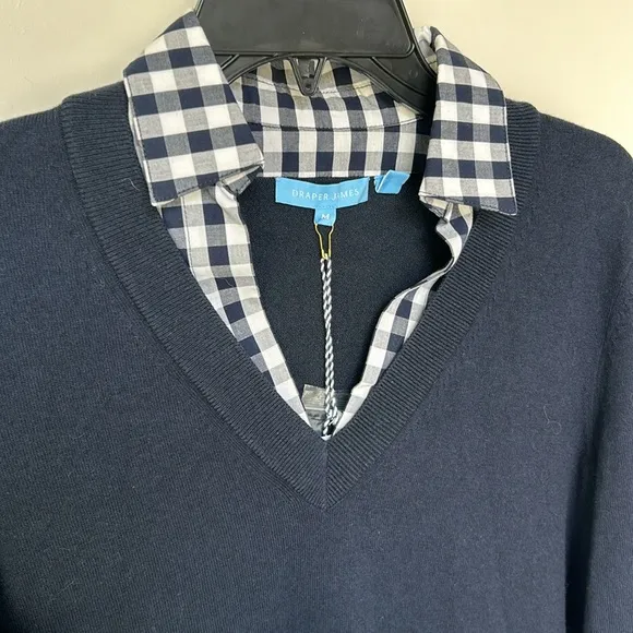 DRAPER JAMES Wool and Cotton Combo Sweaterdress in Navy Blue White Checkered