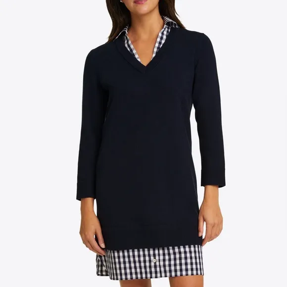 DRAPER JAMES Wool and Cotton Combo Sweaterdress in Navy Blue White Checkered