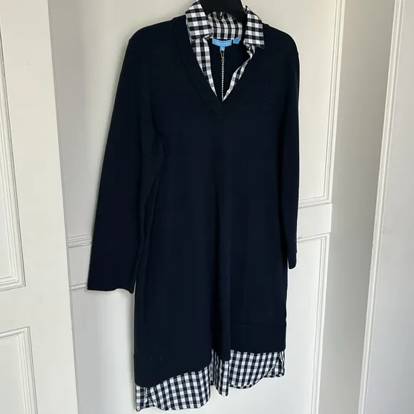 DRAPER JAMES Wool and Cotton Combo Sweaterdress in Navy Blue White Checkered