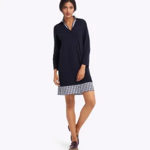 DRAPER JAMES Wool and Cotton Combo Sweaterdress in Navy Blue White Checkered