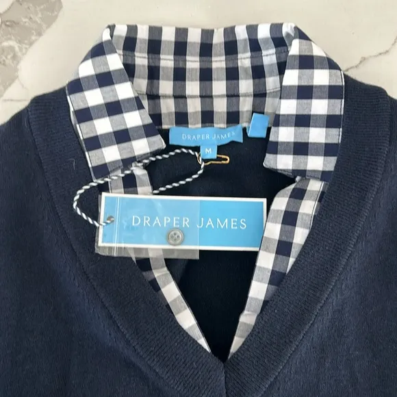 DRAPER JAMES Wool and Cotton Combo Sweaterdress in Navy Blue White Checkered