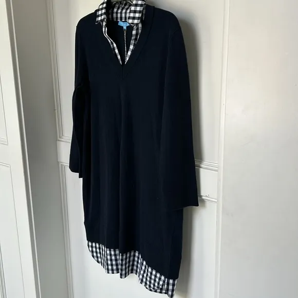 DRAPER JAMES Wool and Cotton Combo Sweaterdress in Navy Blue White Checkered