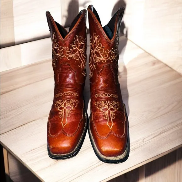 Durango Western Crush Embroidered Crosses Brown Leather Boots Size 6.5
