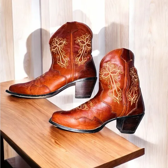 Durango Western Crush Embroidered Crosses Brown Leather Boots Size 6.5
