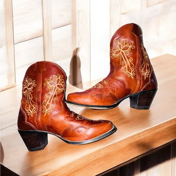 Durango Western Crush Embroidered Crosses Brown Leather Boots Size 6.5