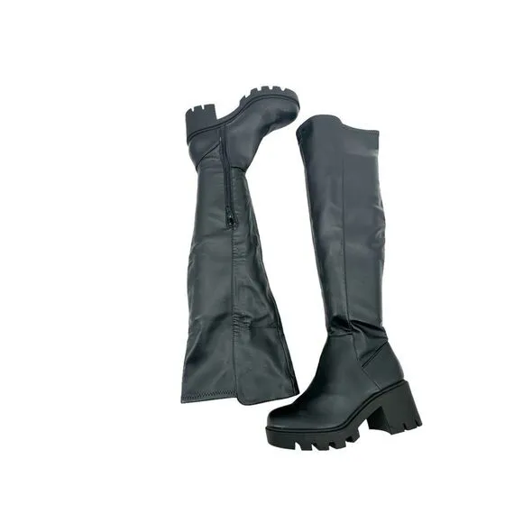 DV DOLCE VITA Nicolette Knee-High Leather Round-Toe Lug Boots Black Size 5 NWOB