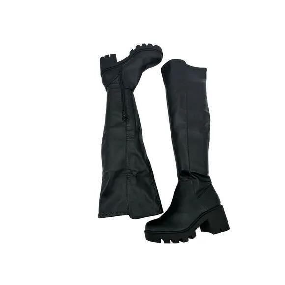DV DOLCE VITA Nicolette Knee-High Leather Round-Toe Lug Boots Black Size 5 NWOB