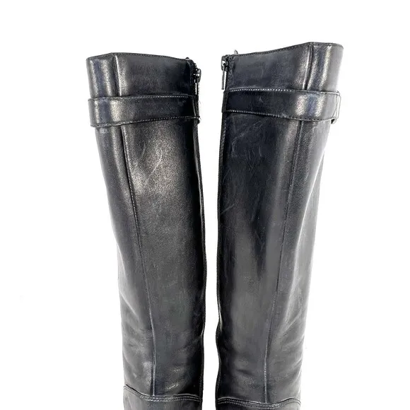 Ecco Boots Womens 9.5/40 Tall Form Fit Side Zip Riding Biker Black Leather Heels
