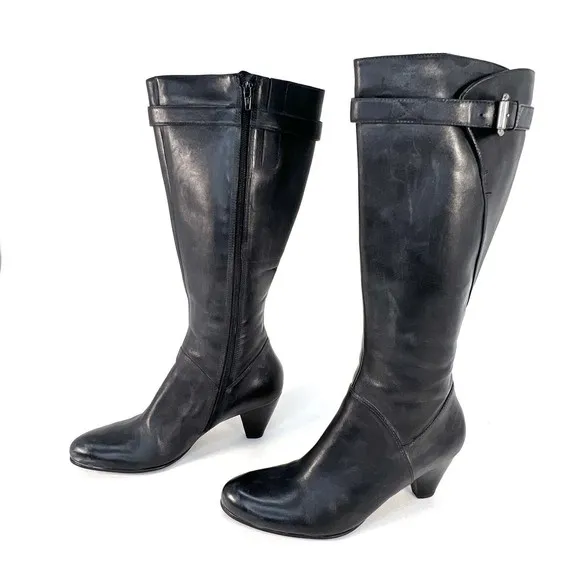 Ecco Boots Womens 9.5/40 Tall Form Fit Side Zip Riding Biker Black Leather Heels
