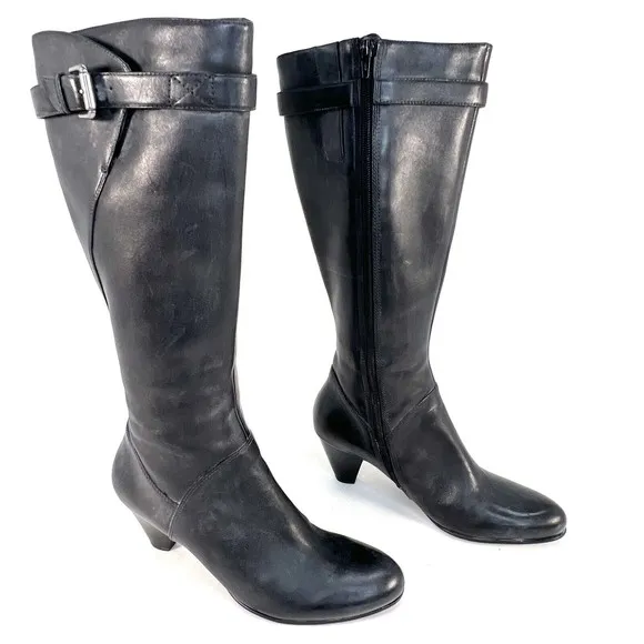 Ecco Boots Womens 9.5/40 Tall Form Fit Side Zip Riding Biker Black Leather Heels