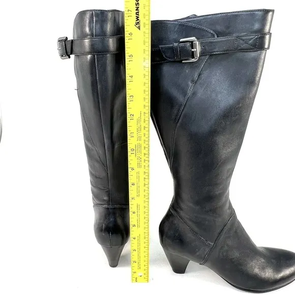 Ecco Boots Womens 9.5/40 Tall Form Fit Side Zip Riding Biker Black Leather Heels