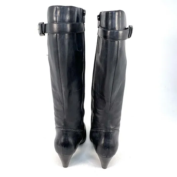 Ecco Boots Womens 9.5/40 Tall Form Fit Side Zip Riding Biker Black Leather Heels