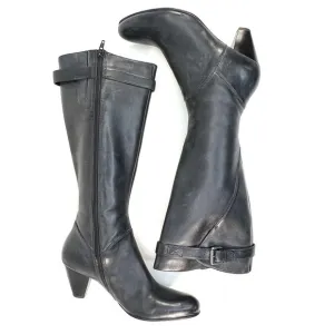 Ecco Boots Womens 9.5/40 Tall Form Fit Side Zip Riding Biker Black Leather Heels