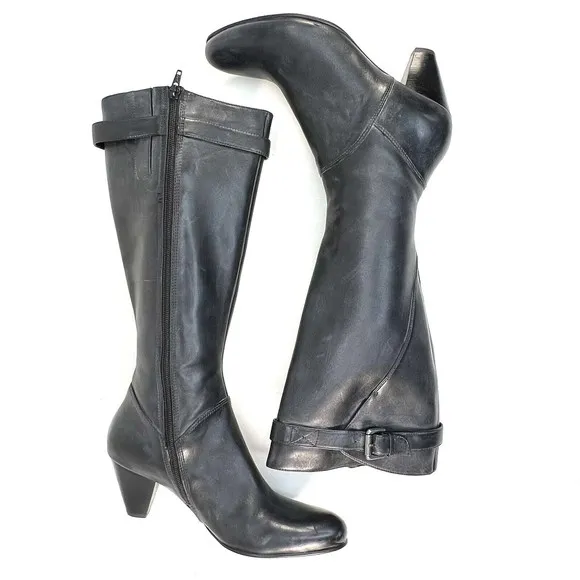 Ecco Boots Womens 9.5/40 Tall Form Fit Side Zip Riding Biker Black Leather Heels