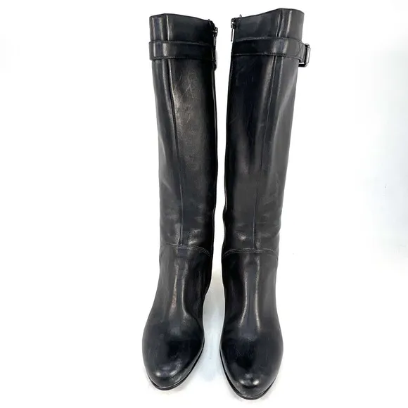 Ecco Boots Womens 9.5/40 Tall Form Fit Side Zip Riding Biker Black Leather Heels