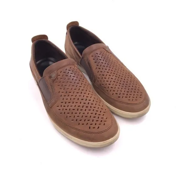 Ecco Brown Leather Collin Perforated Slip On Sneaker Shoes Size 41