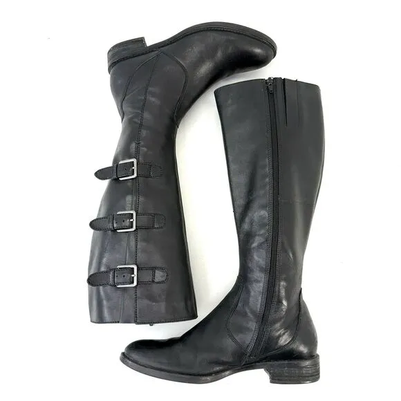 Ecco EU40 US9 Hobart Boots Black Leather Buckle Tall Knee High Ridding Moto