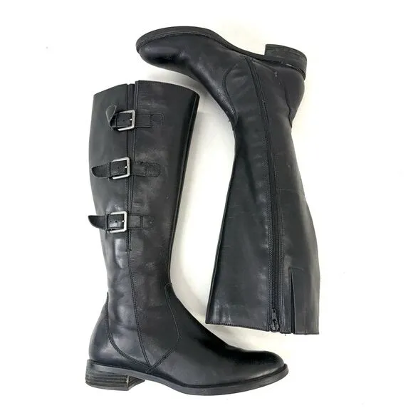 Ecco EU40 US9 Hobart Boots Black Leather Buckle Tall Knee High Ridding Moto