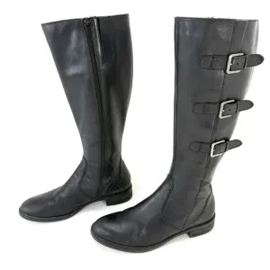 Ecco EU40 US9 Hobart Boots Black Leather Buckle Tall Knee High Ridding Moto