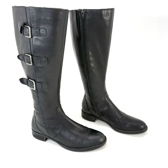 Ecco EU40 US9 Hobart Boots Black Leather Buckle Tall Knee High Ridding Moto