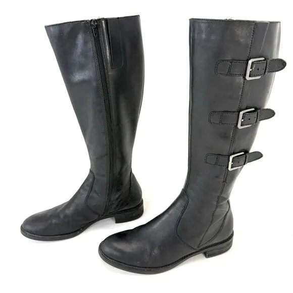 Ecco EU40 US9 Hobart Boots Black Leather Buckle Tall Knee High Ridding Moto