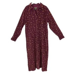 Eddie Bauer Vintage Floral Corduroy Cottage Core Fall Dress Burgundy SZ L Tall