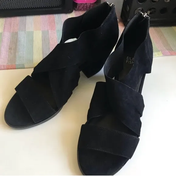 Eileen Fisher Black Suede Heeled Sandals