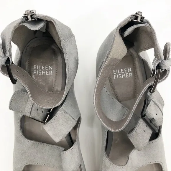 Eileen Fisher Gray Suede Platform Sneaker Sandals with Buckles