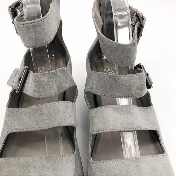 Eileen Fisher Gray Suede Platform Sneaker Sandals with Buckles