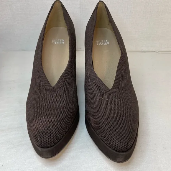 EILEEN FISHER Signy Brown‎ Pumps Fabric Leather Platform Shoes Women's 7.5