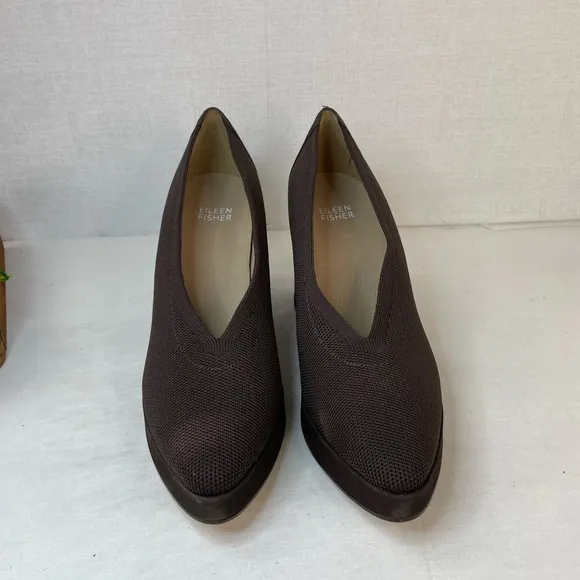 EILEEN FISHER Signy Brown‎ Pumps Fabric Leather Platform Shoes Women's 7.5