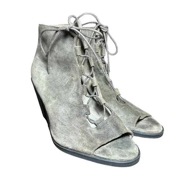 Eileen Fisher Slew Taupe Suede Lace Up Bootie Peep toe heel Sandal Sz 10 boot