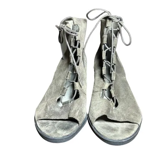 Eileen Fisher Slew Taupe Suede Lace Up Bootie Peep toe heel Sandal Sz 10 boot