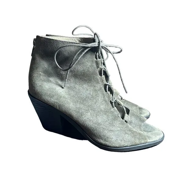 Eileen Fisher Slew Taupe Suede Lace Up Bootie Peep toe heel Sandal Sz 10 boot